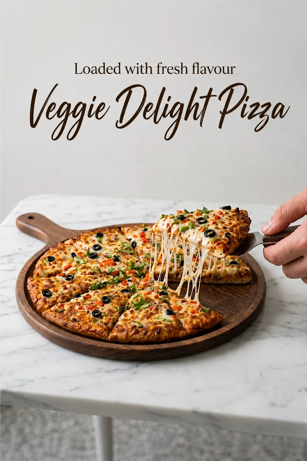 Veggie Delight Pizza loaded with olives, peppers and fresh vegetables in Saddle Ridge Calgary